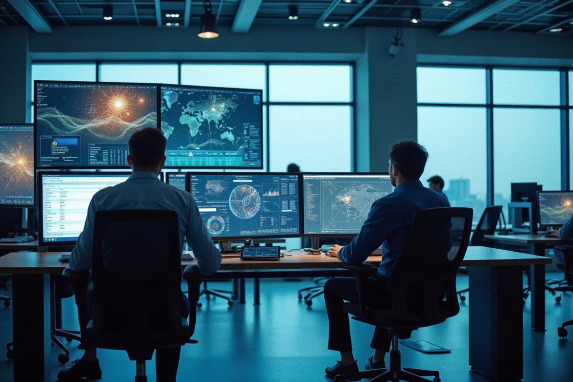 Salle de contrôle logistique moderne avec icônes blockchain