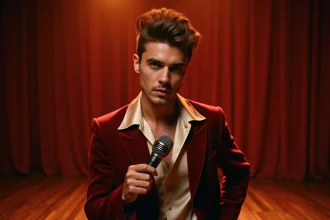 Chanteur français des années 70 en veste de velours bordeaux tenant un microphone vintage sur une scène de cabaret parisien