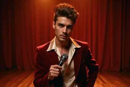 Chanteur français des années 70 en veste de velours bordeaux tenant un microphone vintage sur une scène de cabaret parisien