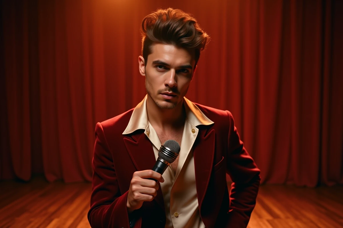 Chanteur français des années 70 en veste de velours bordeaux tenant un microphone vintage sur une scène de cabaret parisien