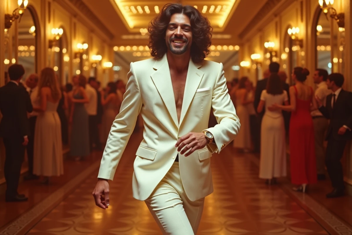 Chanteur disco français en costume blanc sur la piste de danse d'une discothèque des années 70 avec reflets de miroirs