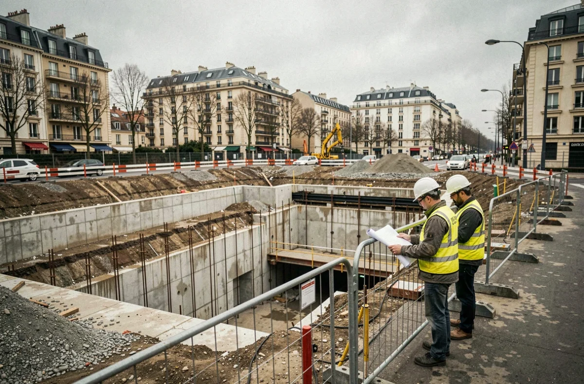 Chantier de prolongement de la ligne 14 du métro en banlieue parisienne avec ouvriers et excavation profonde