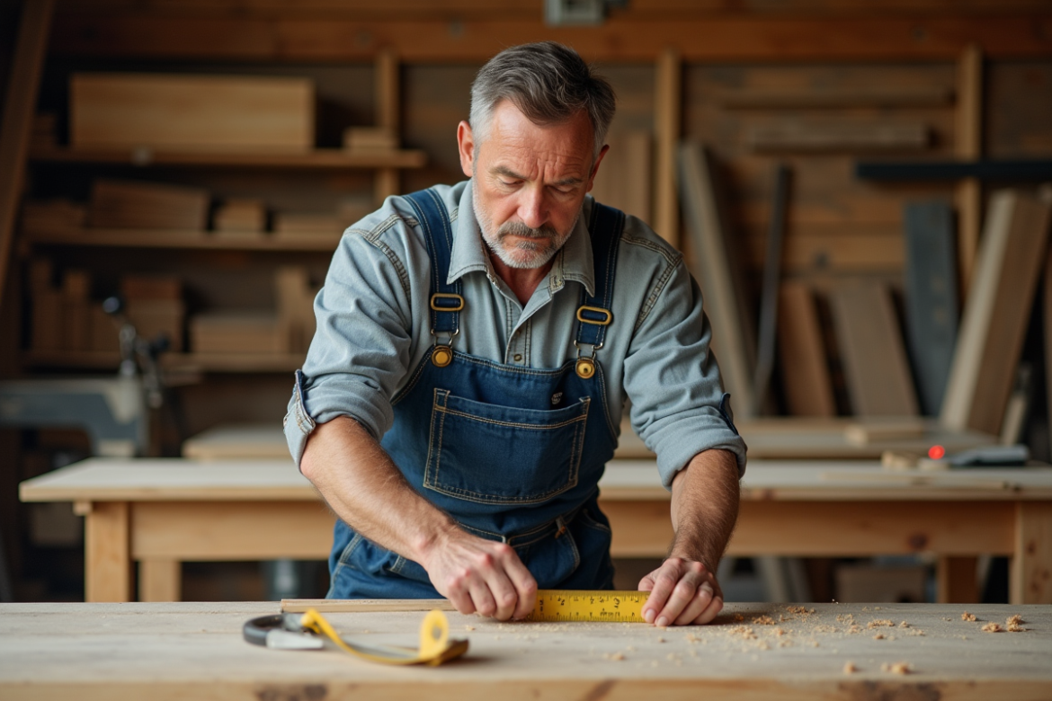 Charpentier mesurant une planche de bois dans l'atelier