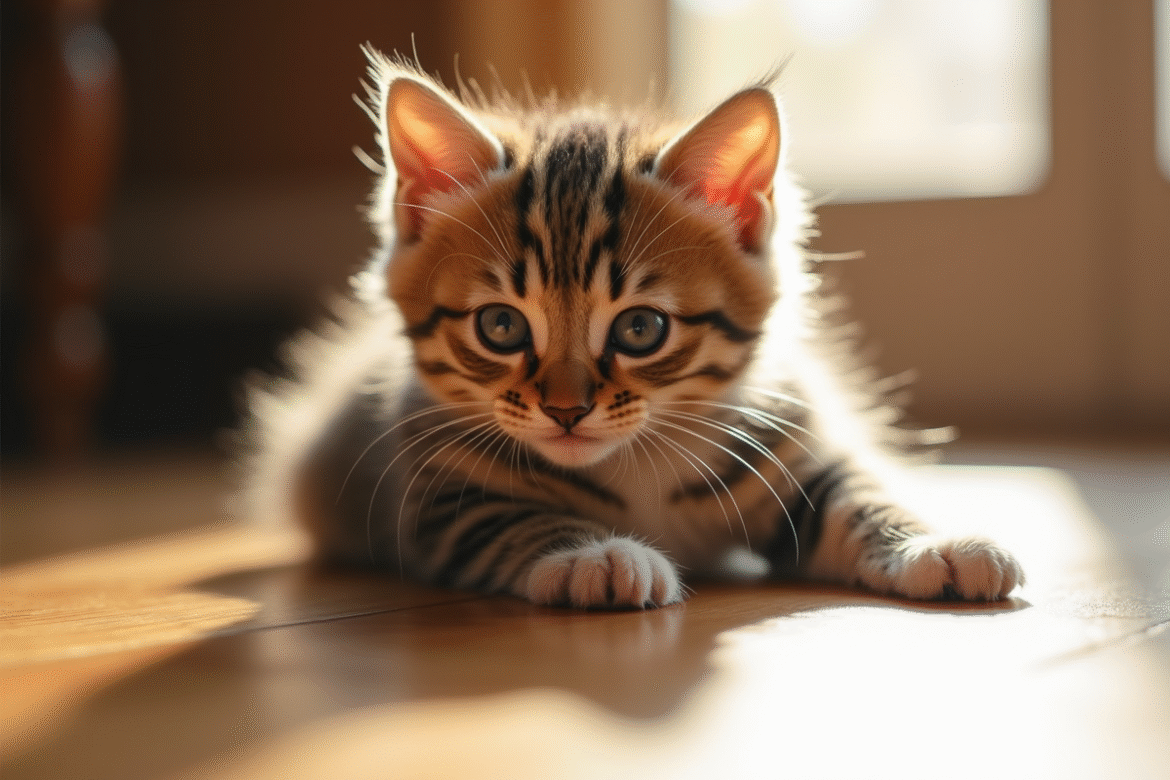 Chaton tigré allongé sur sol en bois ensoleille