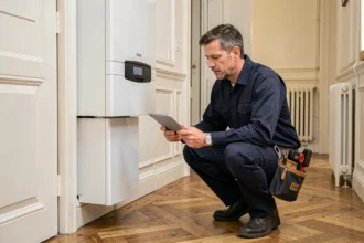 Technicien chauffagiste professionnel inspectant une chaudière murale dans un appartement parisien des Hauts-de-Seine