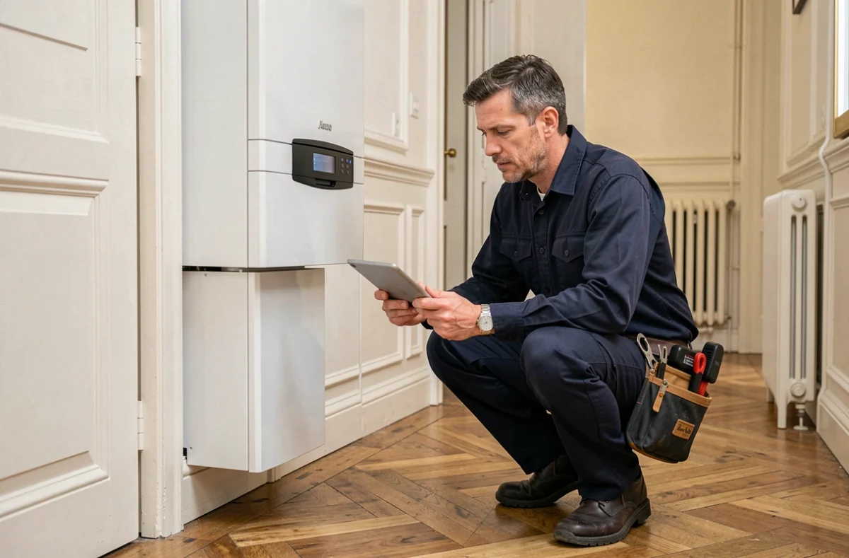 Technicien chauffagiste professionnel inspectant une chaudière murale dans un appartement parisien des Hauts-de-Seine