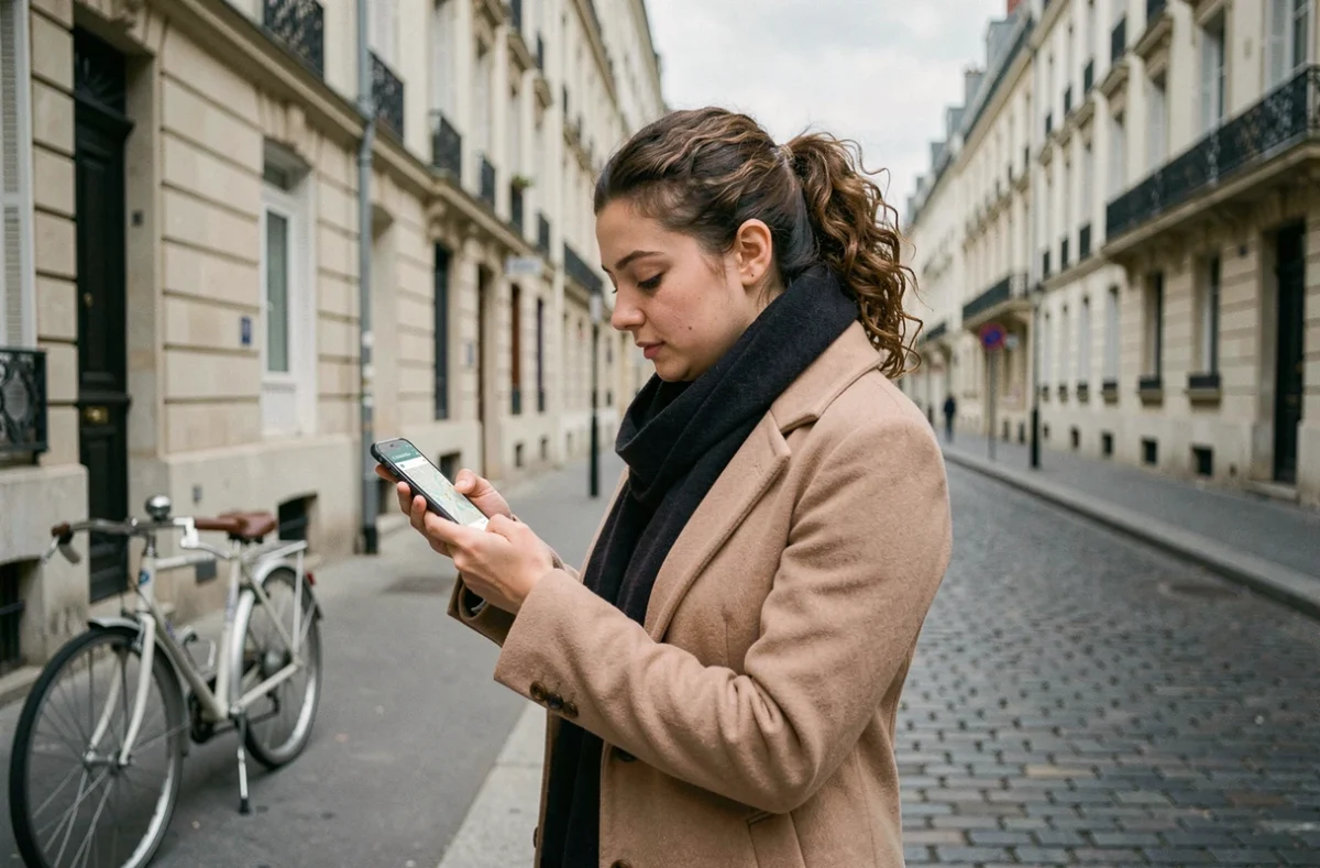 Jeune femme consultant l'application Chronopost sur smartphone pour trouver un relais colis proche dans une rue parisienne