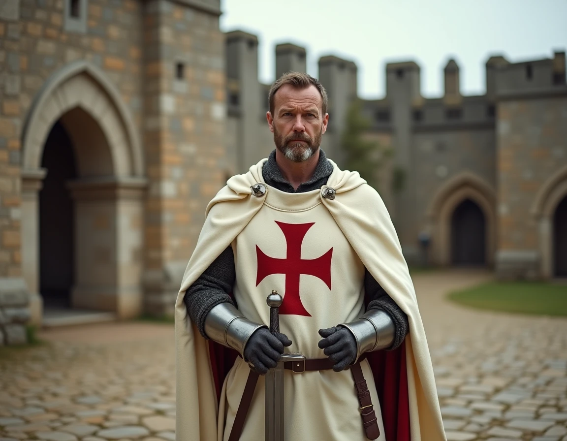 Reconstitution historique d'un chevalier templier en surcoat blanc avec croix rouge dans une forteresse médiévale