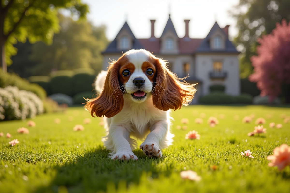 Chien cavalier king charles jouant dans un jardin ensoleille
