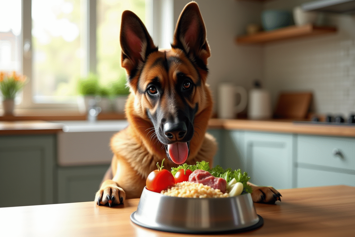 Chien mix German Shepherd et Malinois dans une cuisine lumineuse