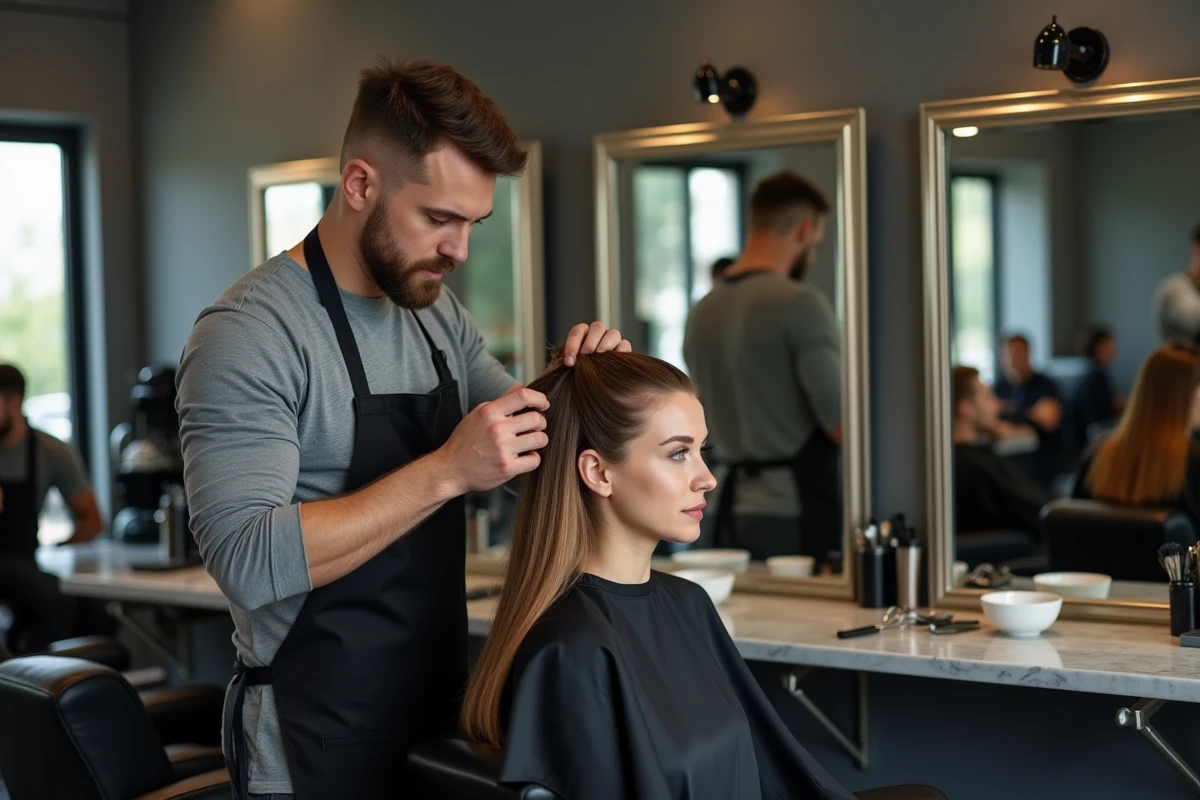 Coiffeur professionnel effectuant une coupe précise sur une cliente dans un studio parisien moderne