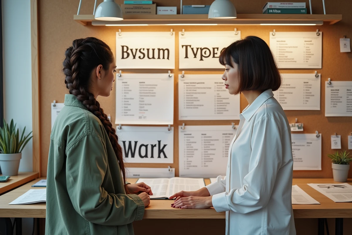 Deux designers éditorialistes collaborant devant un mur de guides de styles typographiques imprimés pour l'édition print Helonia Neue