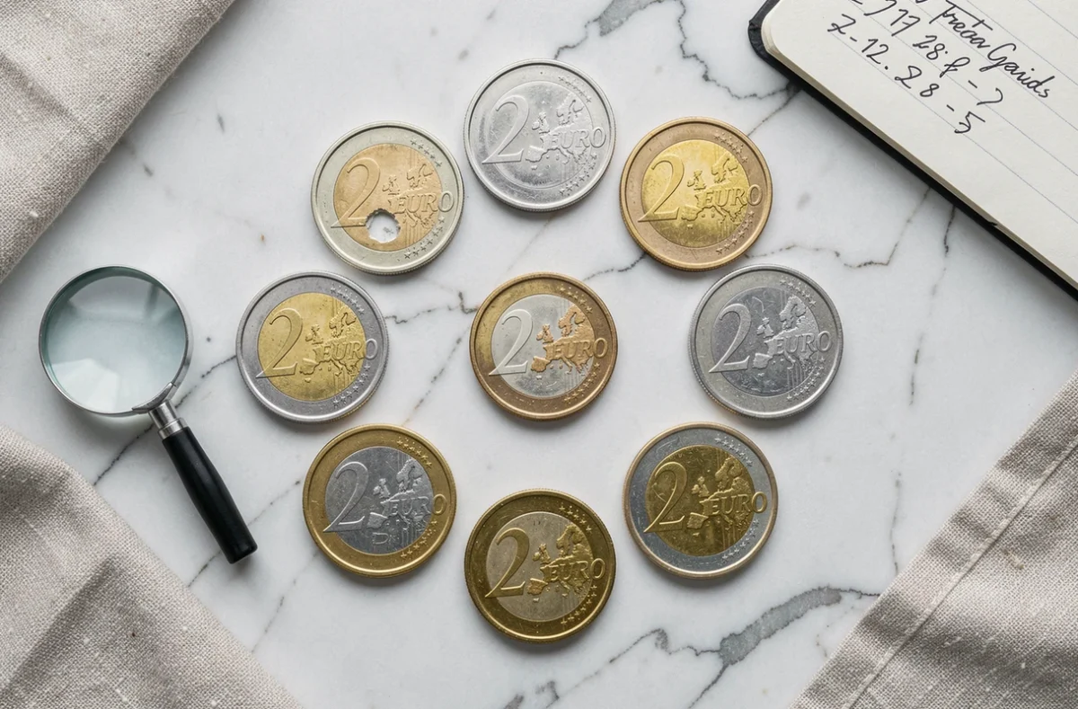 Vue aérienne de six pièces de 2 euros rares de pays européens disposées en cercle sur marbre blanc avec guide de prix manuscrit