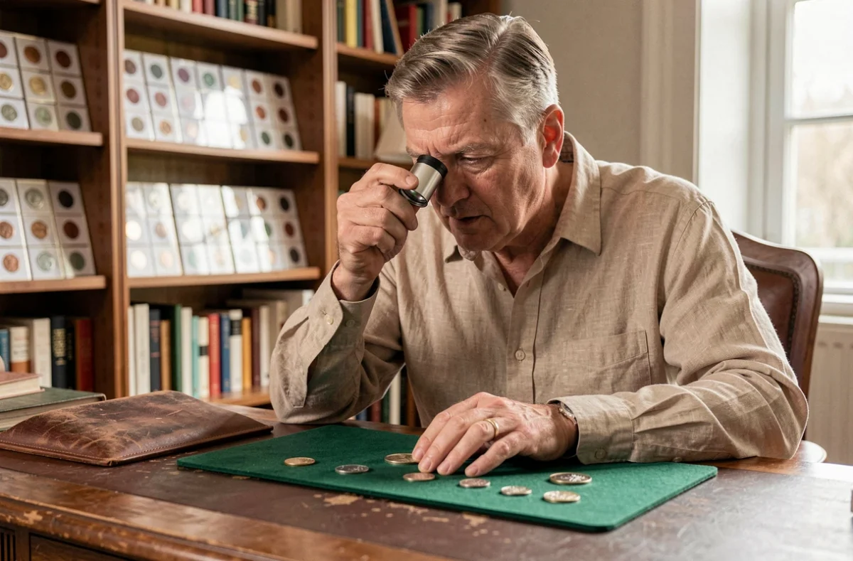 Collectionneur examinant des pièces de 2 euros rares avec une loupe sur un bureau en bois, évaluation numismatique à domicile