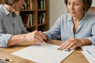 Femme collant un timbre dans le coin supérieur droit d'une enveloppe A4 blanche sur un bureau en bois