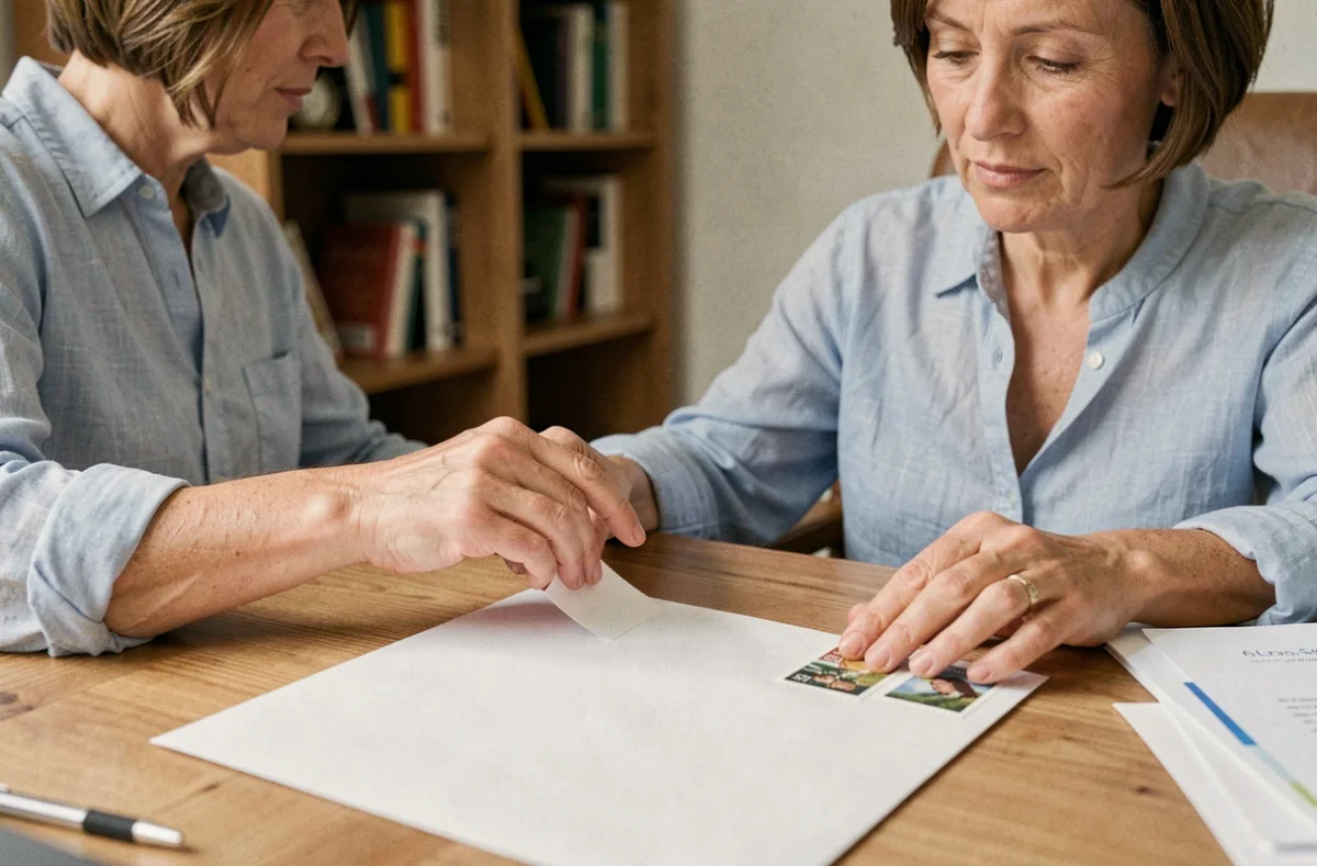 Femme collant un timbre dans le coin supérieur droit d'une enveloppe A4 blanche sur un bureau en bois