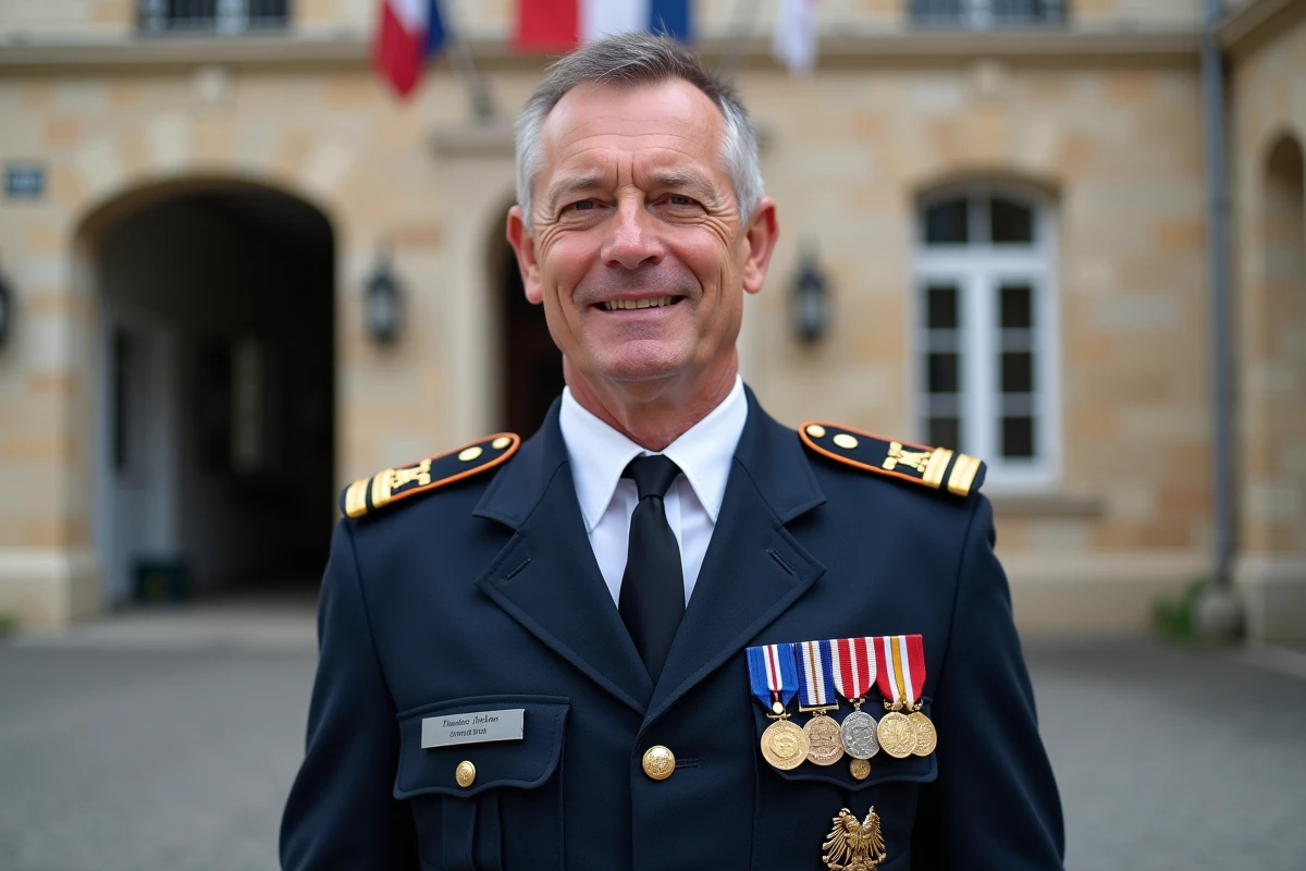 Colonel des sapeurs pompiers en uniforme de cérémonie avec insignes de grade dorés devant un siège de service départemental d'incendie