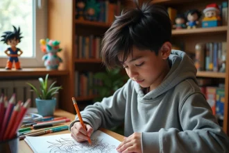 Adolescent coloriant une page de coloriage Dragon Ball avec des crayons et feutres colorés sur un bureau en bois