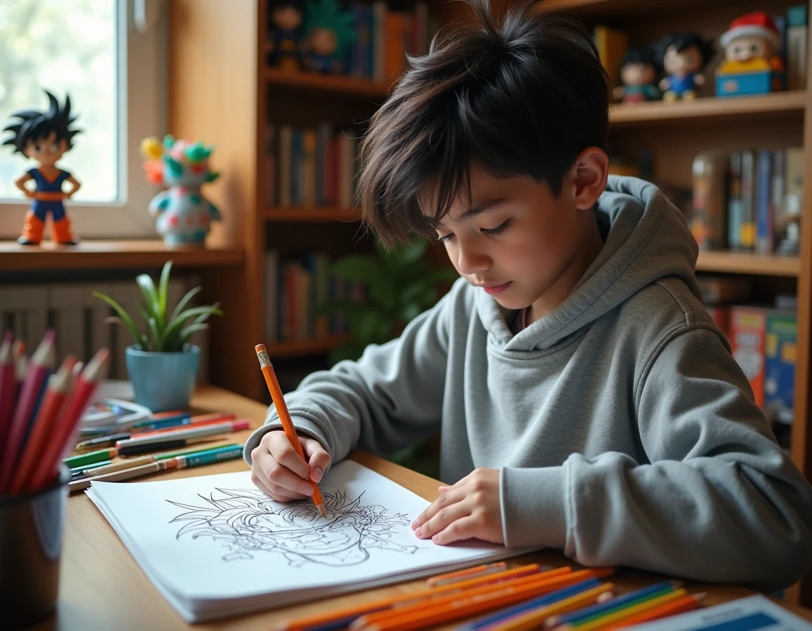 Adolescent coloriant une page de coloriage Dragon Ball avec des crayons et feutres colorés sur un bureau en bois