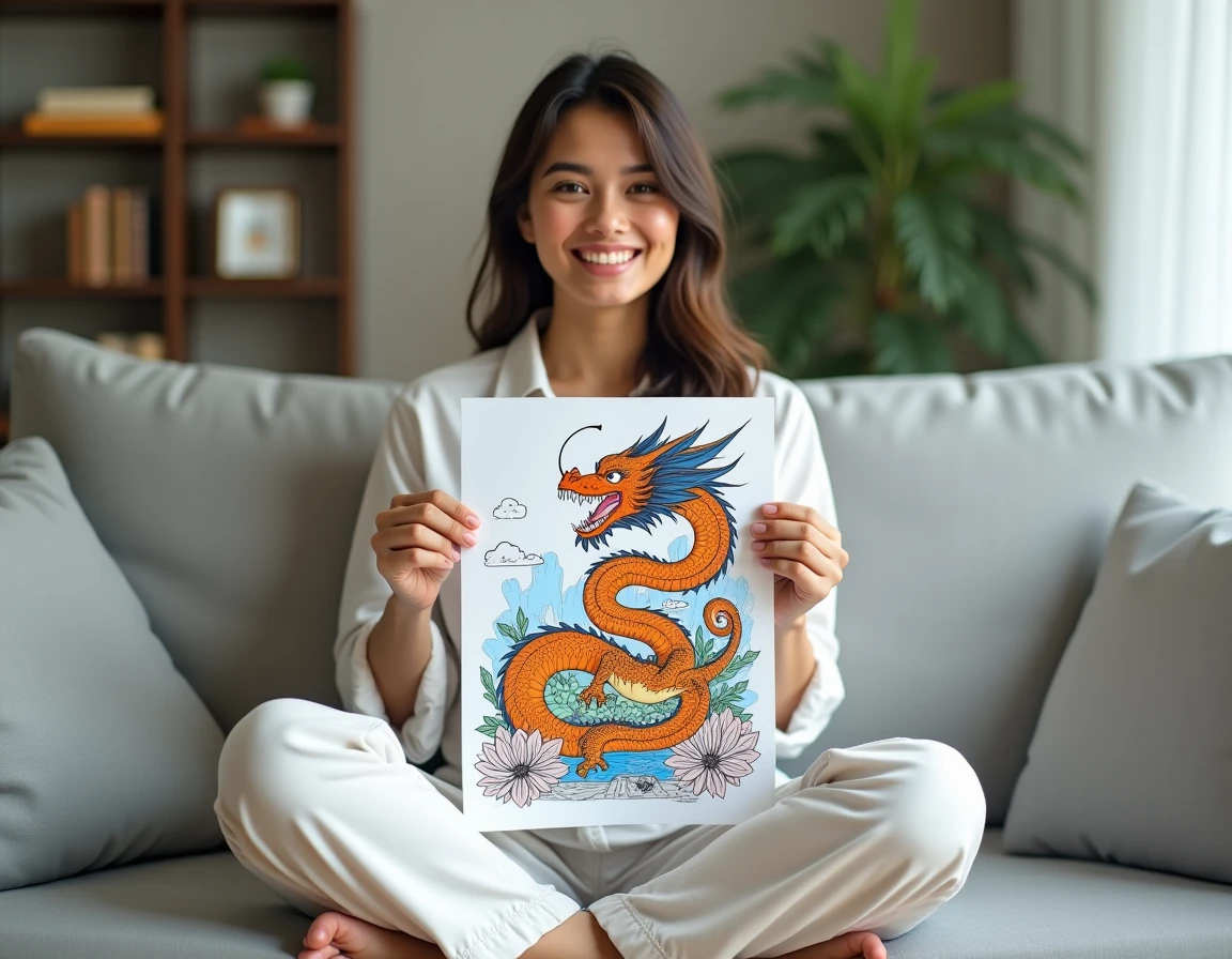 Jeune femme tenant fièrement une page de coloriage Dragon Ball terminée avec un dragon colorié en détail