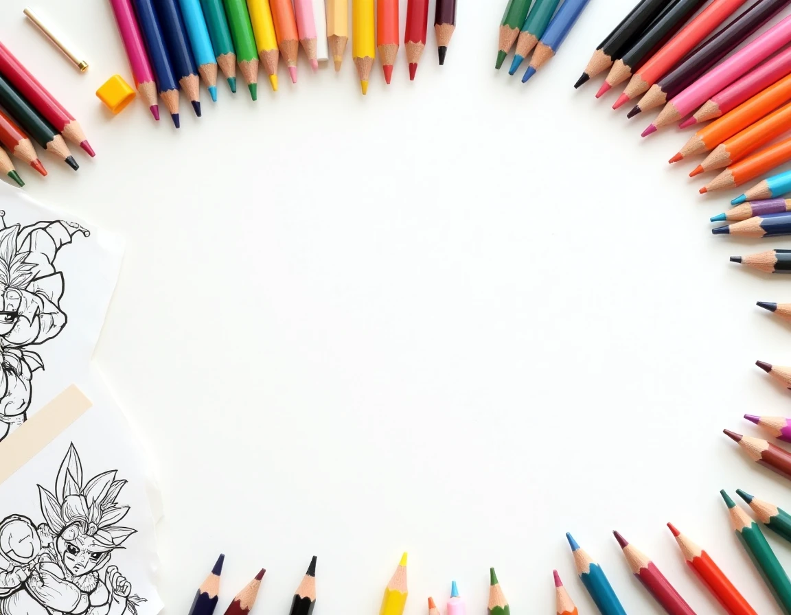 Vue du dessus de plusieurs pages de coloriage Dragon Ball HD imprimées entourées de crayons de couleur et feutres sur une table blanche