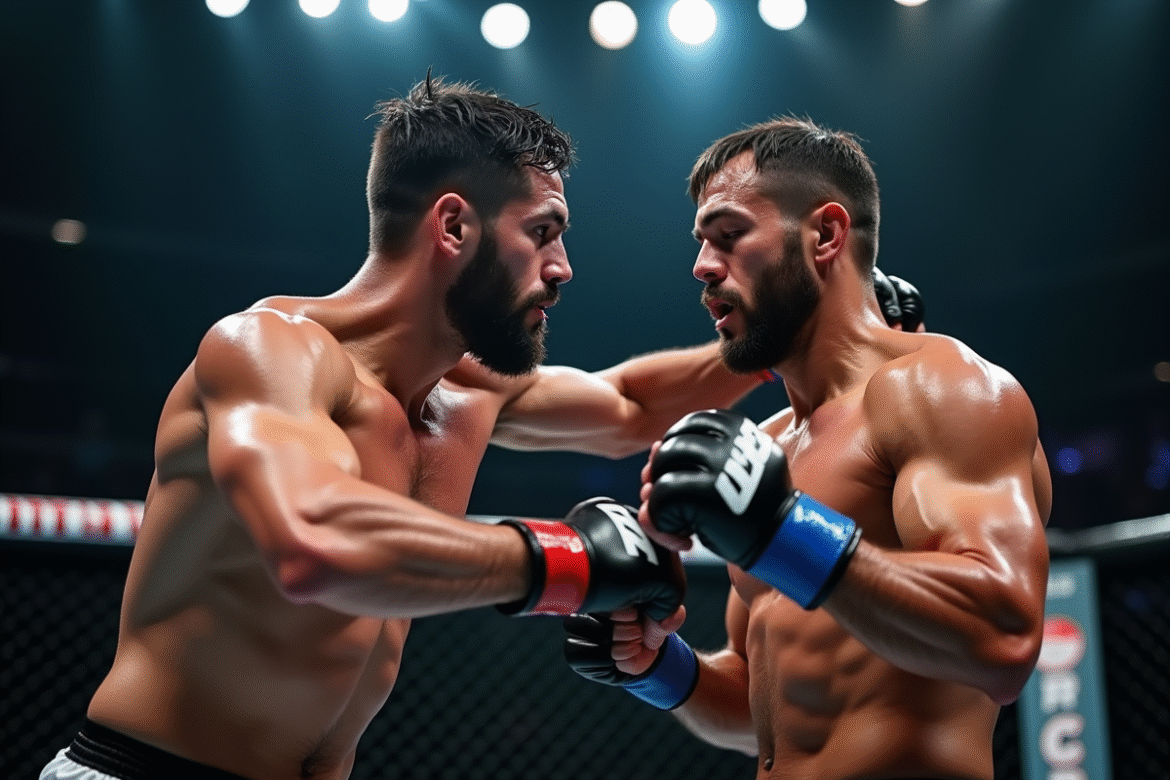 Deux combattants de MMA en action dans une cage lumineuse