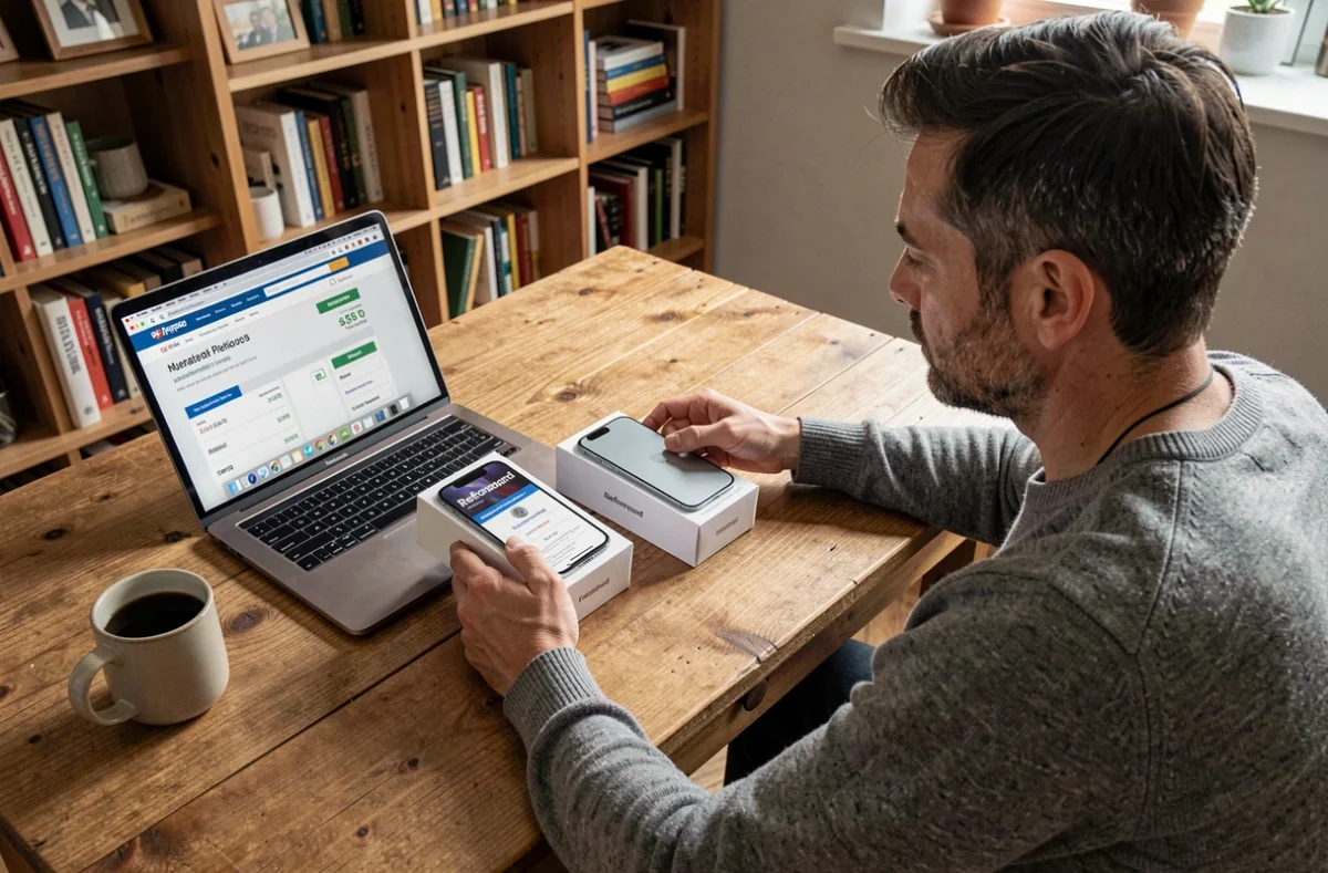 Homme comparant un iPhone 15 reconditionné et un neuf sur un bureau avec un site de comparaison de prix ouvert sur ordinateur portable