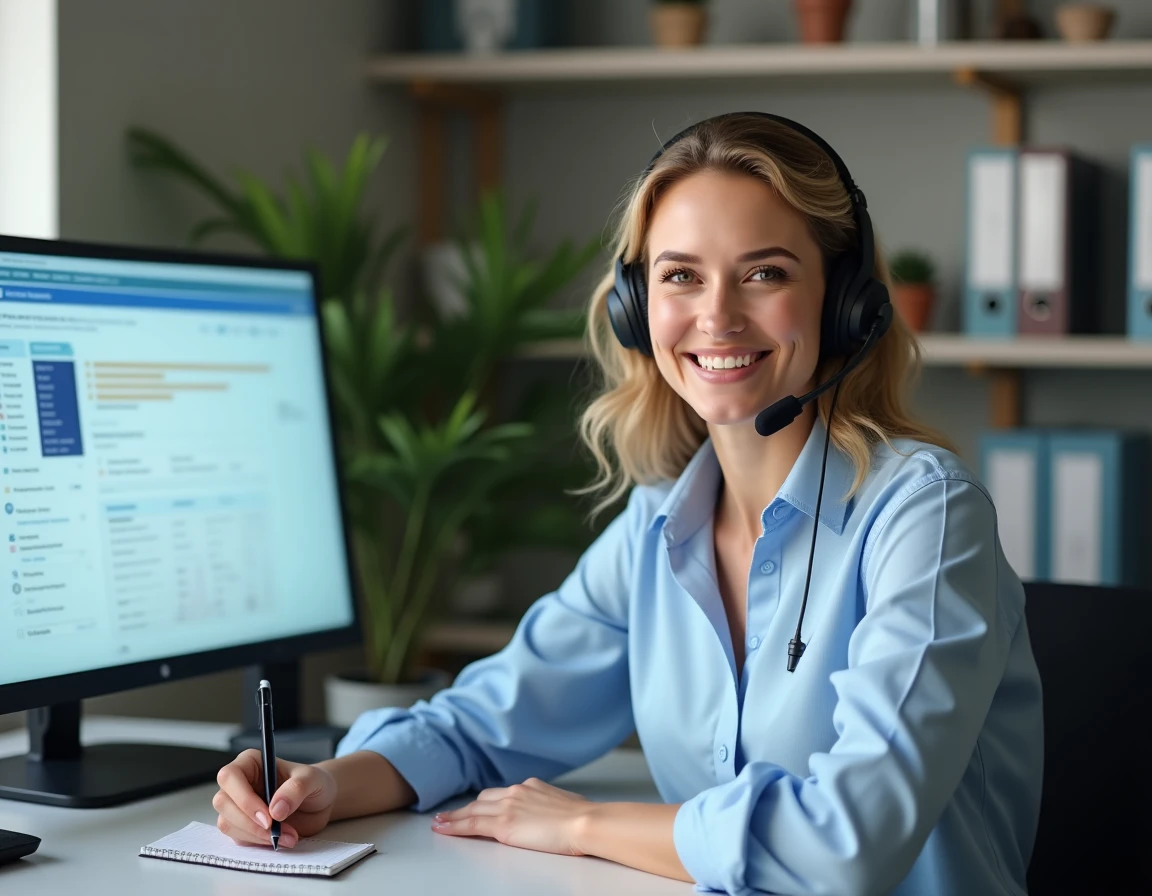 Conseillère relation client piscine collective au téléphone bureau professionnel