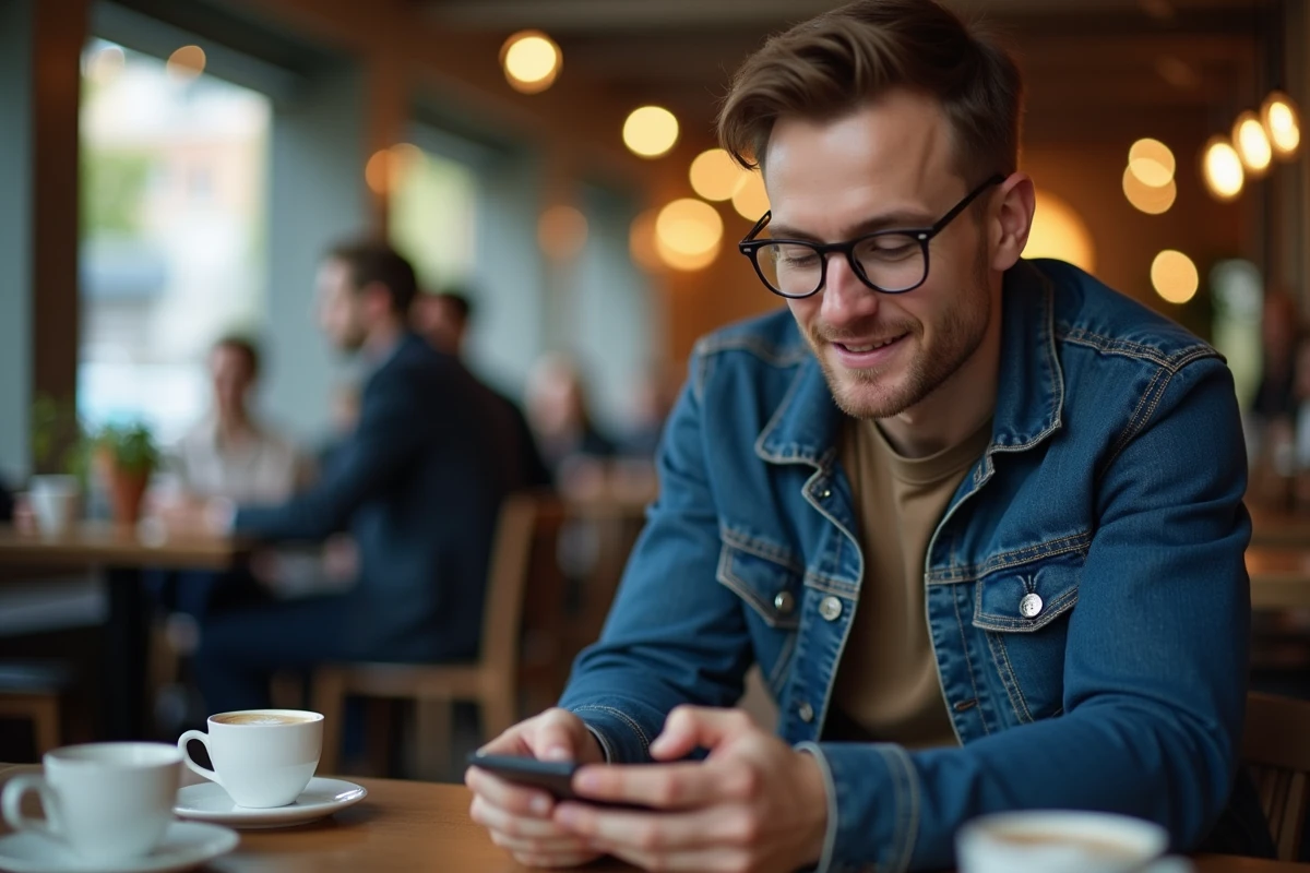Homme parcourant des stories Instagram de façon discrète dans un café urbain animé