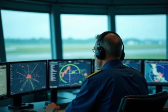 Contrôleur aérien masculin analysant un écran radar avec des distances en miles et kilomètres dans une tour de contrôle moderne