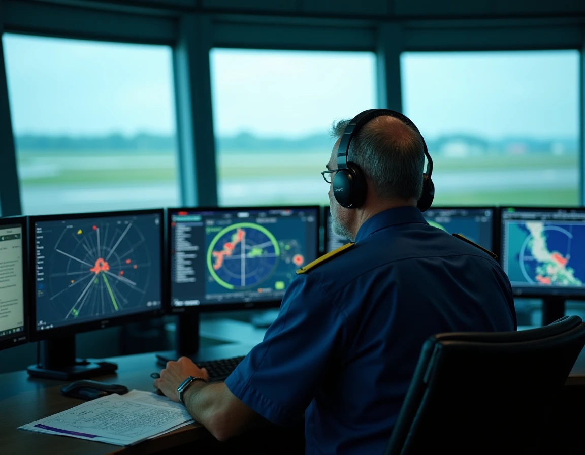 Contrôleur aérien masculin analysant un écran radar avec des distances en miles et kilomètres dans une tour de contrôle moderne