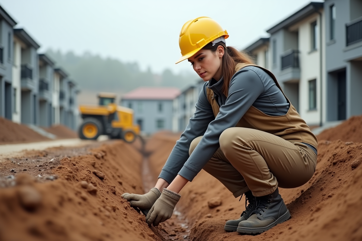 Jeune femme inspecte une tranchée dans un chantier résidentiel