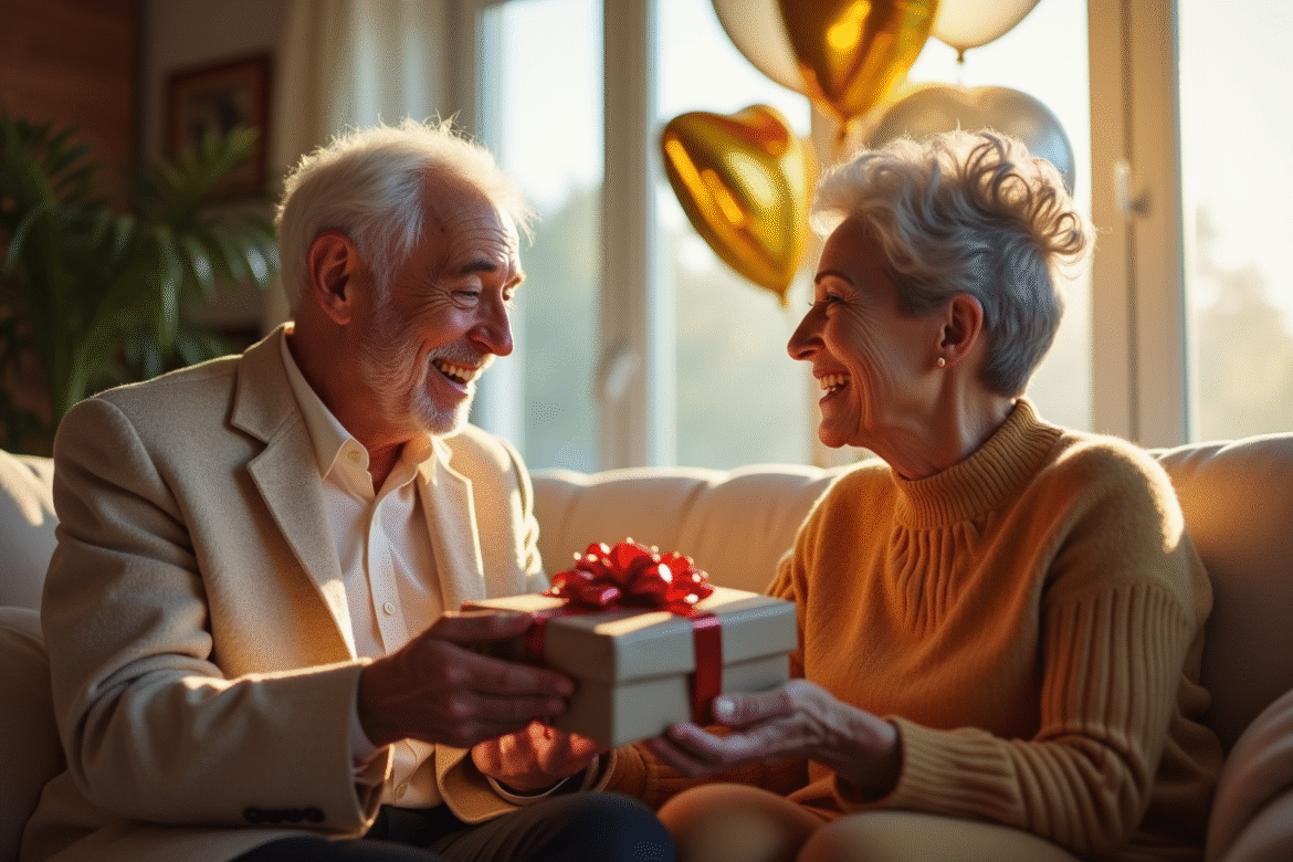 Couple agee échangeant des cadeaux dans leur salon lumineux