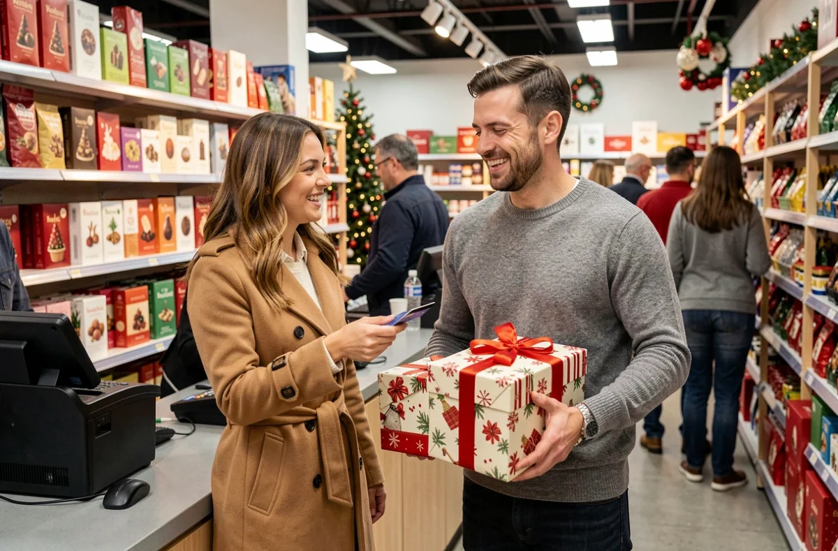 Couple faisant régler ses achats de Noël en caisse dans un magasin ouvert le dimanche avec des cadeaux emballés