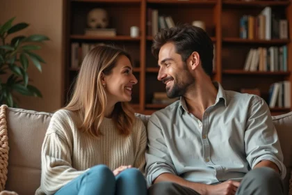 Couple en conversation intime et bienveillante sur un canapé dans un salon chaleureux, illustrant la communication ouverte sur la sexualité en couple