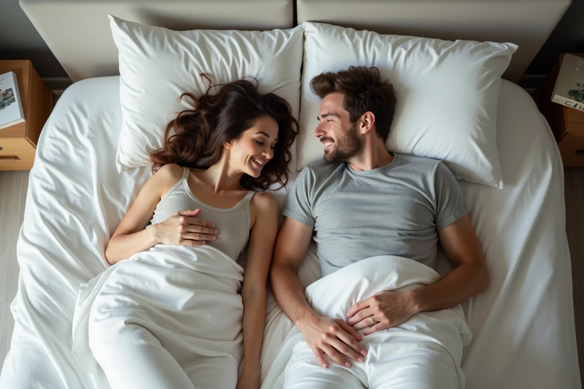 Couple allongé côte à côte sur un lit en train de dialoguer sereinement, représentant la complicité et la communication intime dans la sexualité de couple