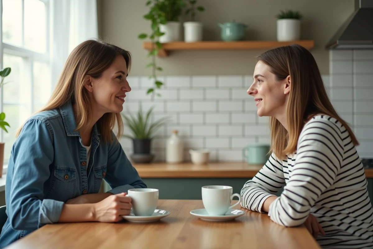 Couple de femmes partageant une discussion sincère autour d'un café dans une cuisine lumineuse, symbolisant le dialogue ouvert et sans tabou sur la sexualité