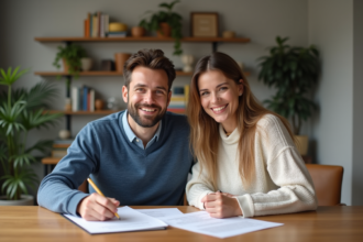 Couple souriant signant un contrat de prêt immobilier