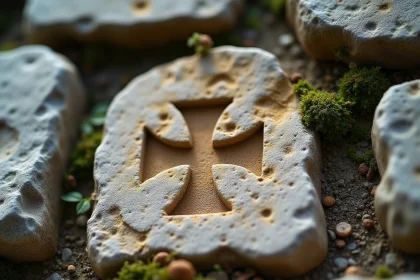 Croix des Templiers sculptée en relief sur une pierre ancienne dans une chapelle médiévale