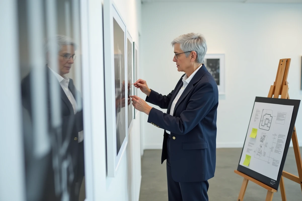 Curatrice photographe accrochant des tirages noir et blanc sur le mur d'une galerie lors de la préparation d'une exposition muséale