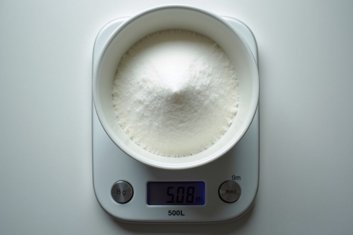 Bol contenant 500 ml de sucre en poudre avec balance numérique