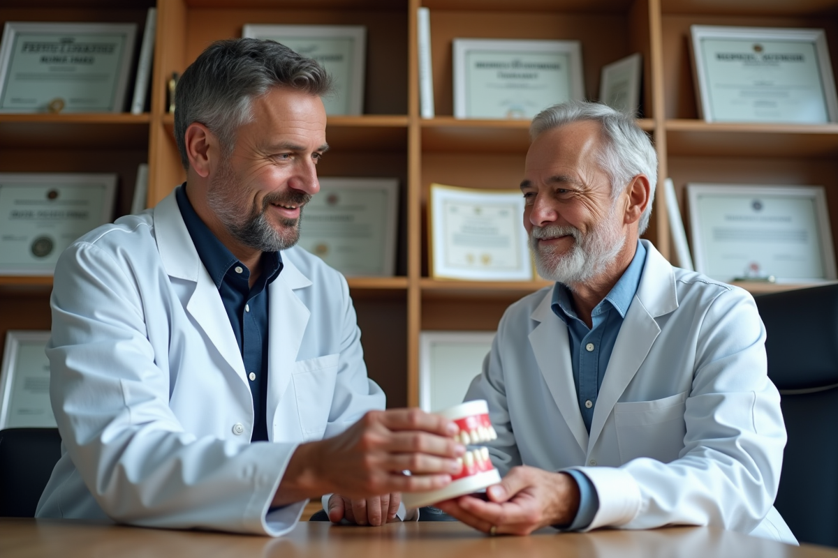 Dentiste expliquant un modele de pont dentaire à un patient