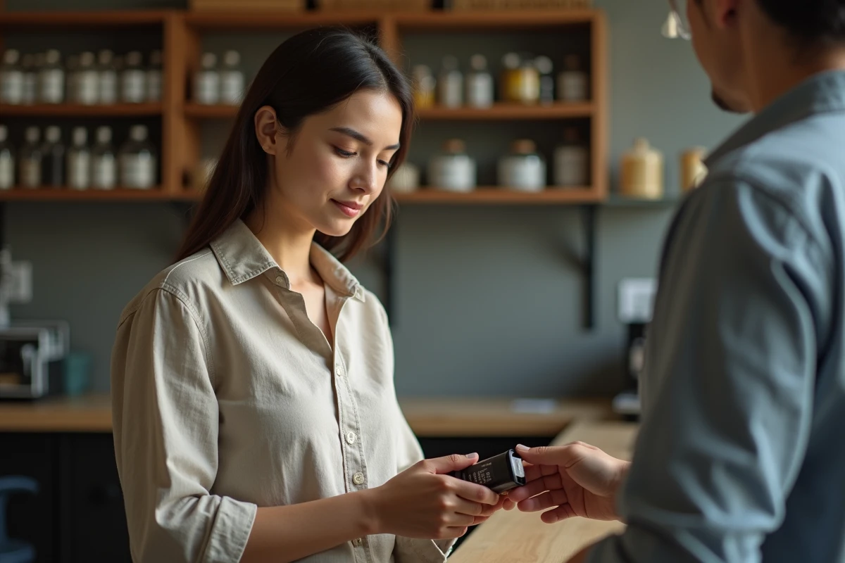Jeune femme déposant une pellicule de appareil photo jetable réutilisable au comptoir d'un laboratoire photo moderne