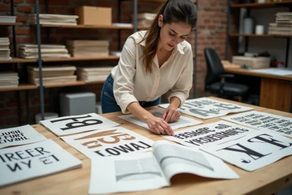Designer graphique arrangeant des spécimens typographiques imprimés sur une table de studio avec des exemples de polices Helonia Neue