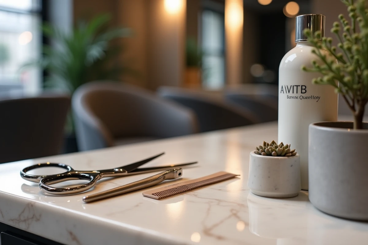 Détail d'une station de coiffure dans un studio parisien avec ciseaux, accessoires et décoration soignée sur marbre