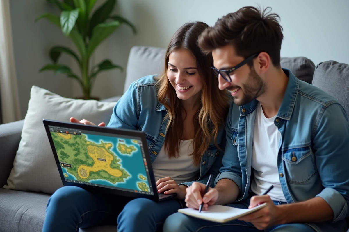Deux joueurs consultant ensemble un guide de quête Dofus sur un ordinateur portable dans un salon moderne