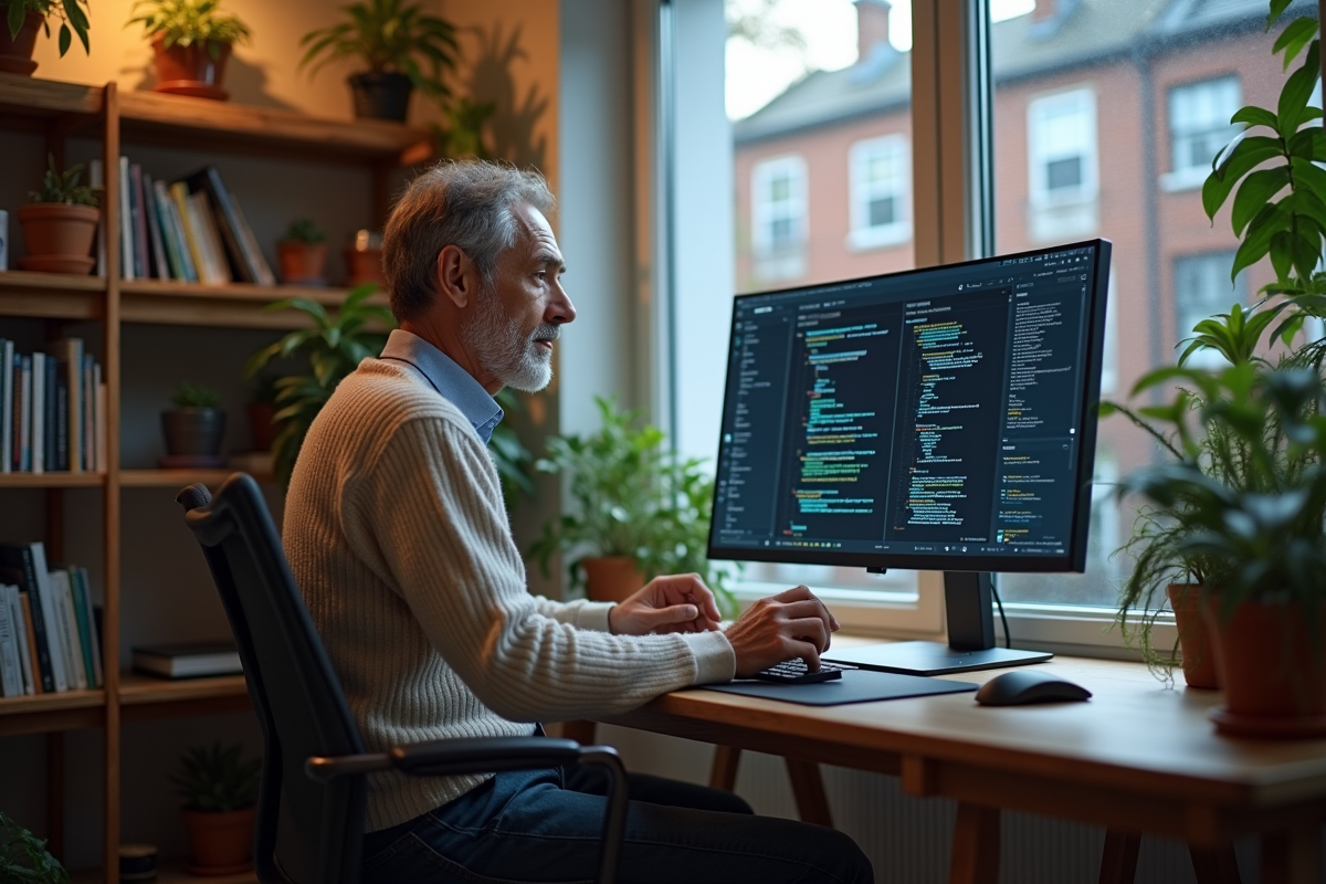 Ingénieur logiciel âgé codant dans un bureau à domicile
