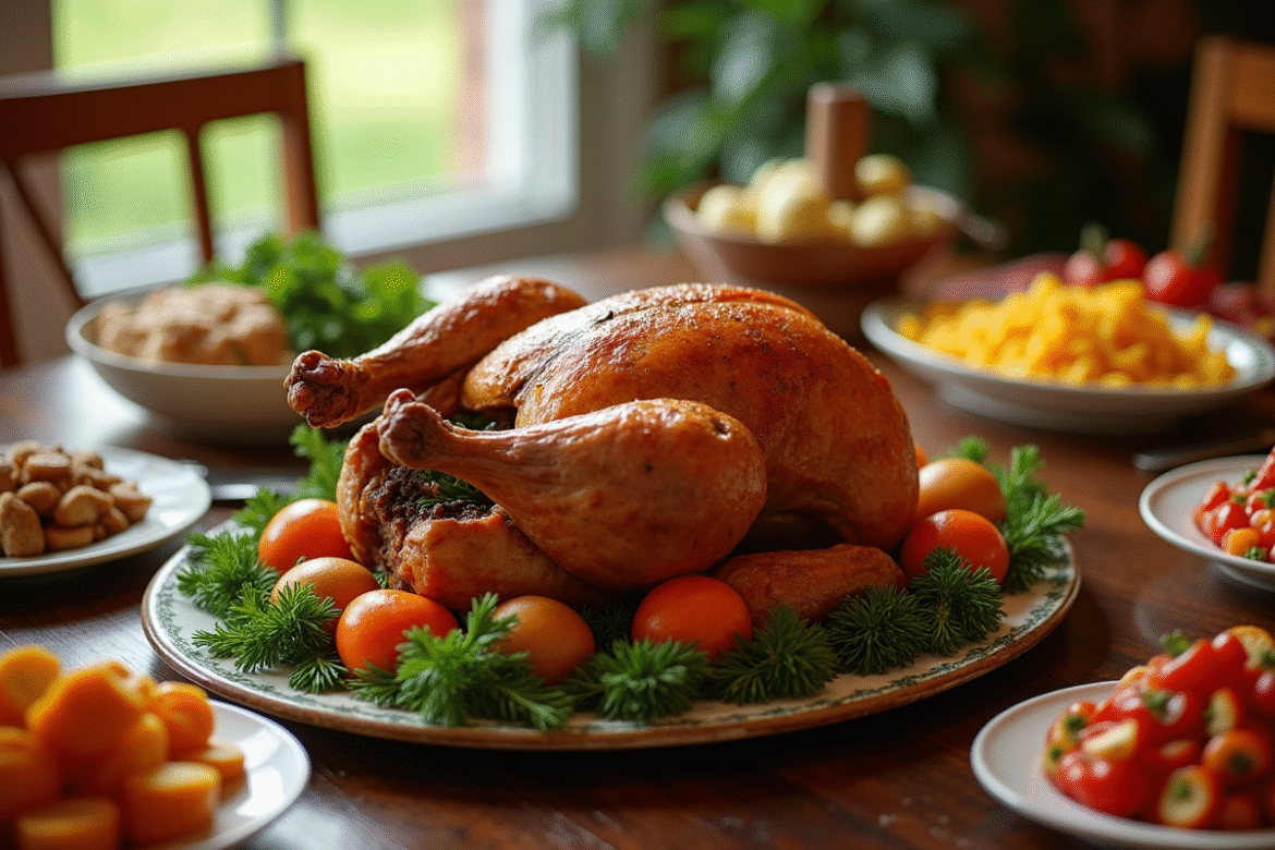 Dinde de fête rôtie sur une table festive avec légumes colorés