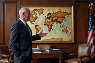 Diplomate américain pointant une carte du monde dans un bureau gouvernemental, symbolisant l'influence géopolitique des États-Unis et la doctrine du Manifest Destiny