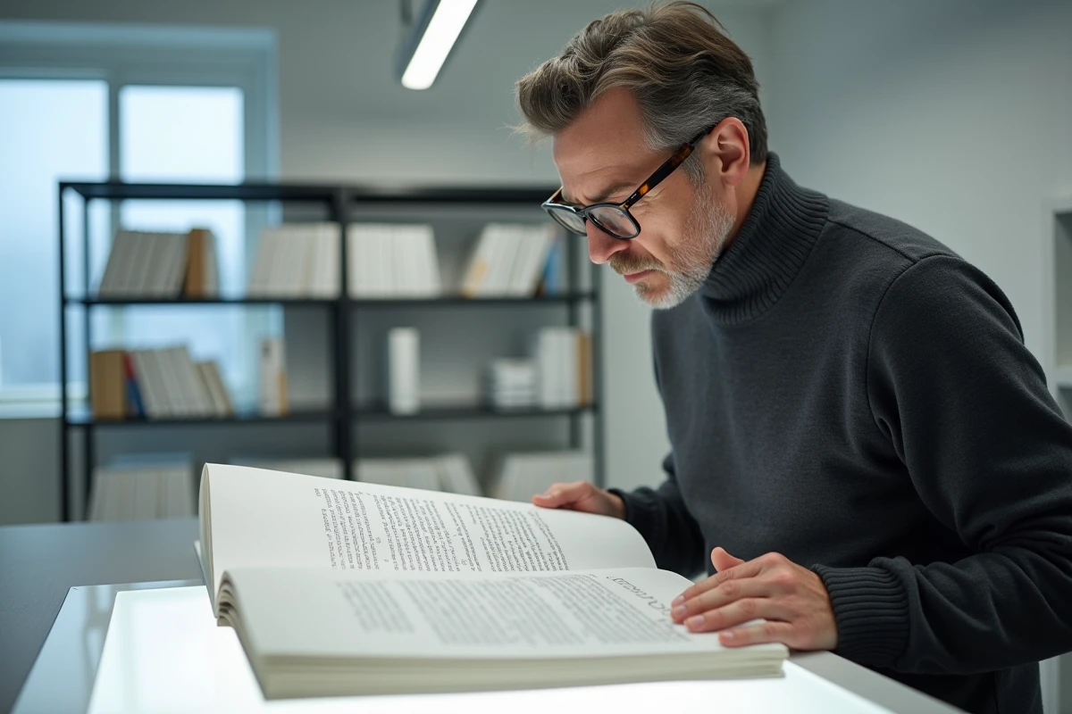 Directeur artistique examinant une mise en page magazine imprimée avec des combinaisons typographiques en style Helonia Neue sur une table lumineuse